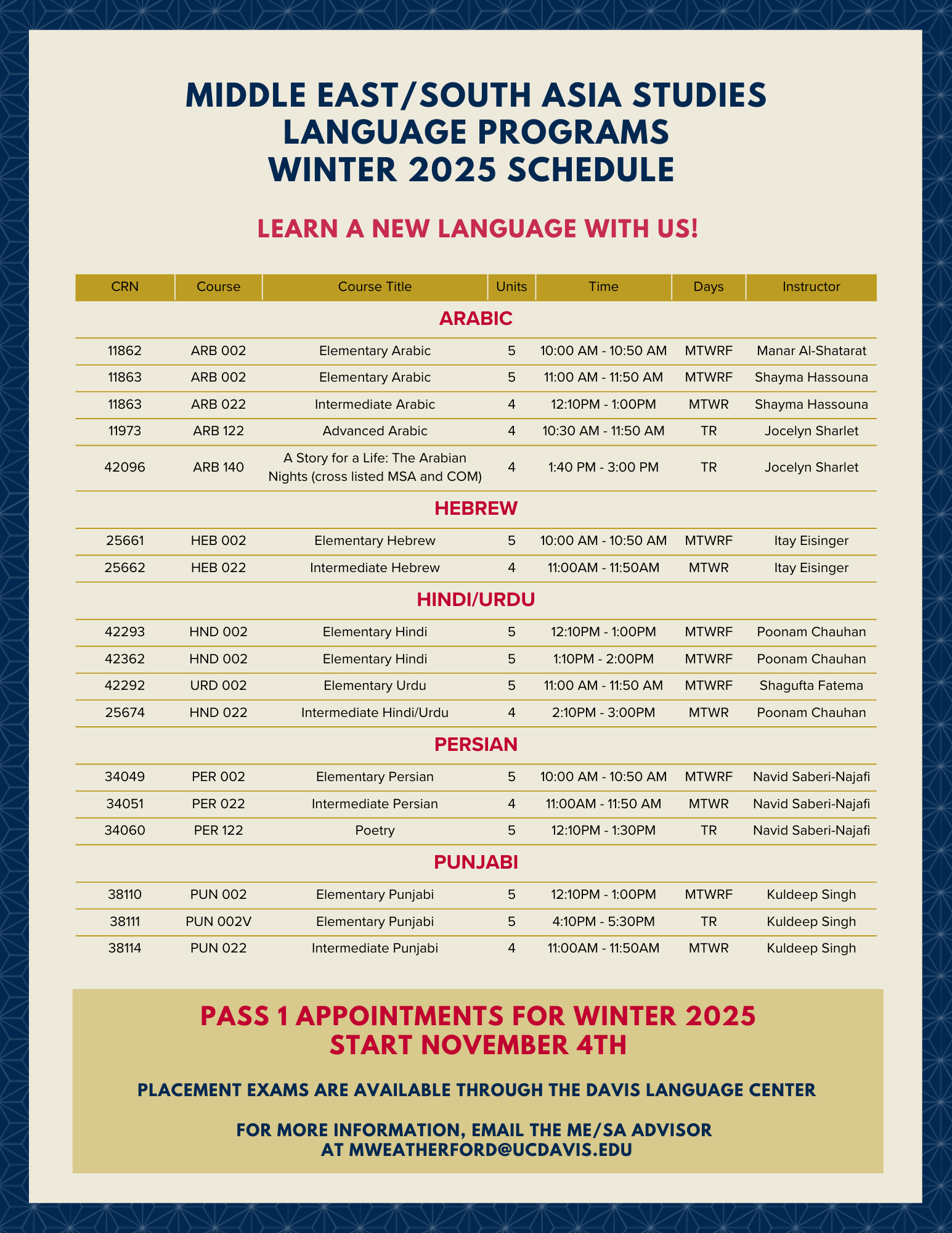 Winter 2025 Language Schedule