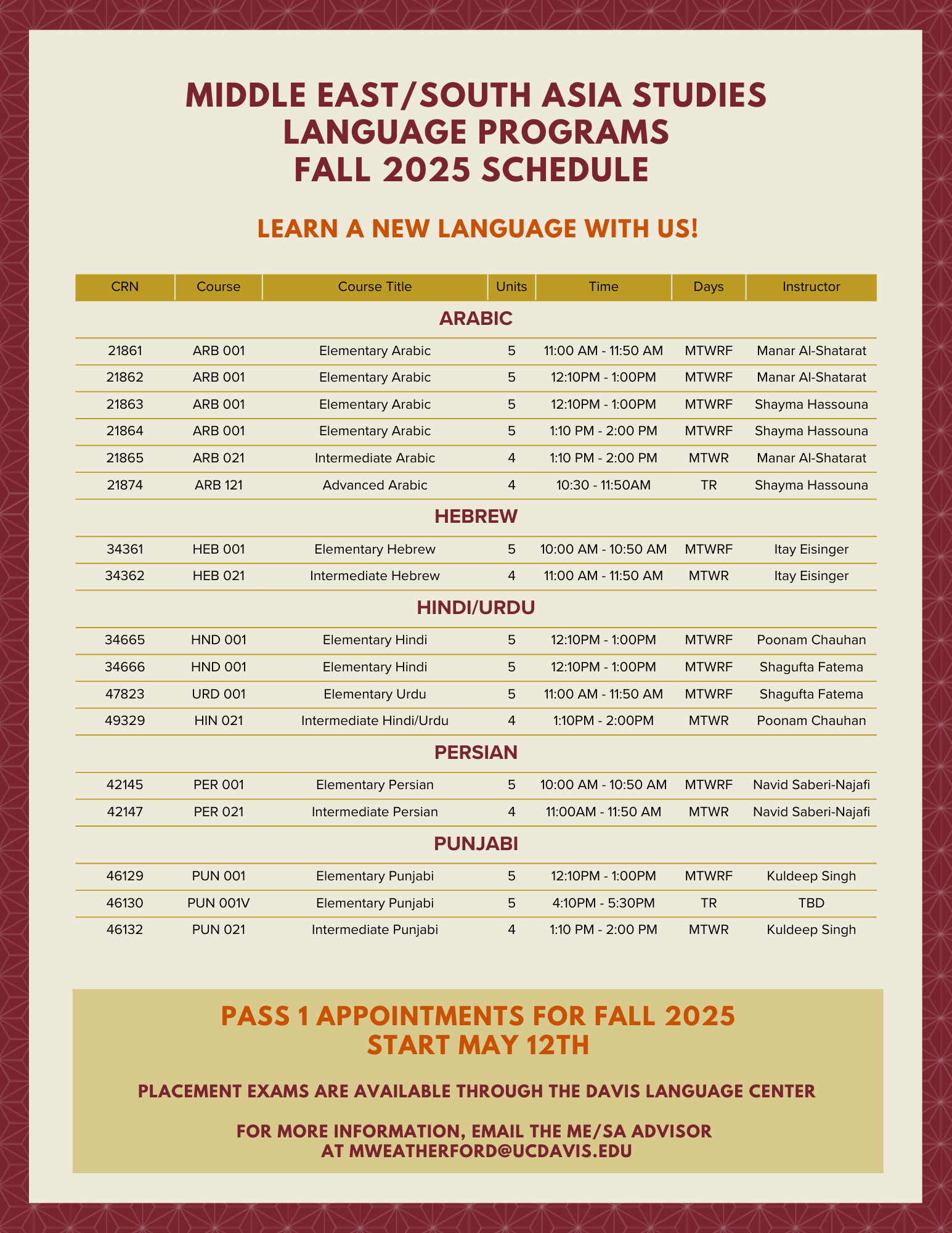 Fall 2025 ME/SA Language Classes