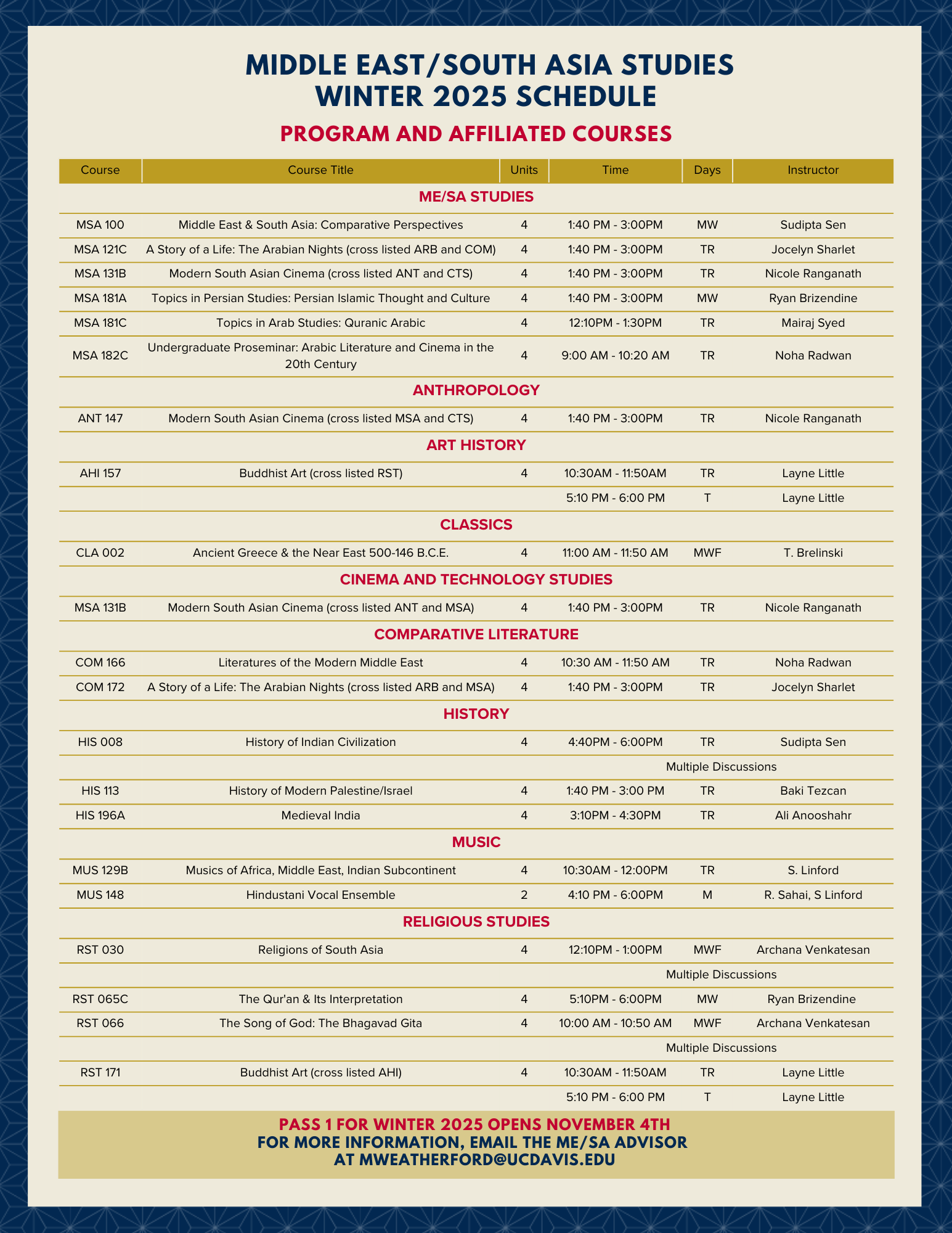Winter 2025 Program and Affiliated Course Schedule