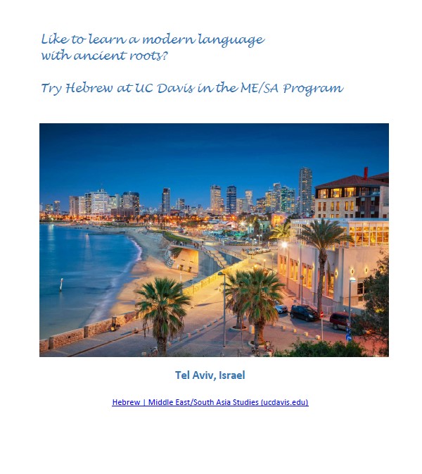 Hebrew language Course Flyer with a photo of the Tel Aviv coastline