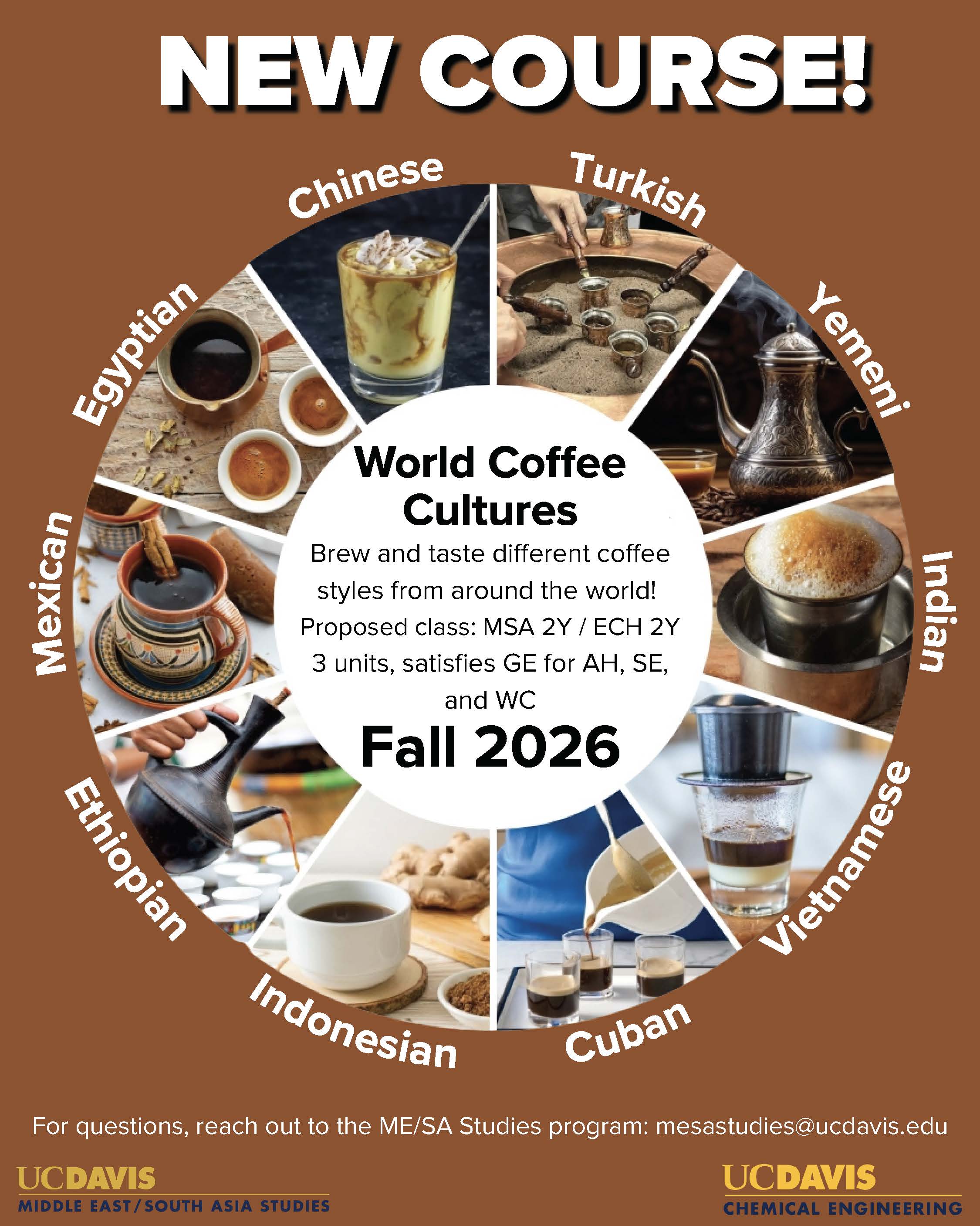 Graphic flyer: circular collage of international coffee drinks and 'World Coffee Cultures' course info